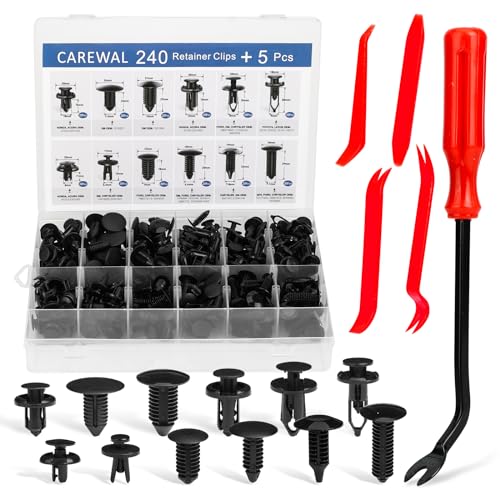 CAREWAL 240 Pcs Bumper Clips Car Clips Plastic Rivets of 16 Most Popular Sizes and 5 Fastener Removers Fasteners Push Retainer Kit Auto Push Pin Rivets Set - GM Ford Toyota Honda Chrysler