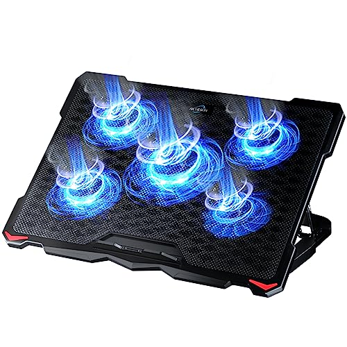 AICHESON Laptop Cooling Pad 5 Fans Up to 17.3 Inch Heavy Notebook Cooler, Blue LED Lights, 2 USB Ports, S035, Blue-5fans