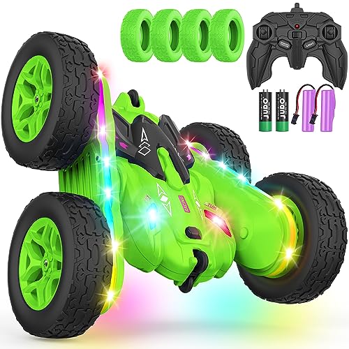 Terucle Remote Control Car, Rc Cars Stunt RC Car Toys Upgraded Strip Lights and Headlights Car Toys Double-Sided 360° Rotating 4WD Rc Drift Truck for Boys Girls Birthday Gift (Green)