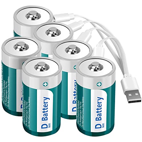 Fitinoch 6 Pack Rechargeable 1.5v Lithium D Cell Batteries with USB-C 4 in 1 Charging Cable, LR20 D Size Battery Replacement