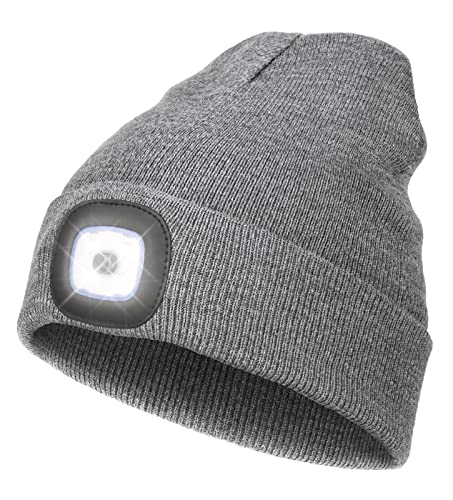 Rechargeable LED Beanie Hat with 4 Lights - Unisex Winter Knit Cap with USB Flashlight for Men and Women