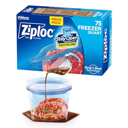 Ziploc Quart Food Storage Freezer Bags, New Stay Open Design with Stand-Up Bottom, Easy to Fill, 75 Count