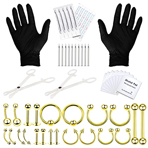 BodyJ4You 36PC Body Piercing Kit - 14G 16G Goldtone Surgical Steel - Nose Tongue Lip Ear Eyebrow Belly Button Cartilage Tragus Industrial - Jewelry Needles Tools Clamps - Unisex Male Female