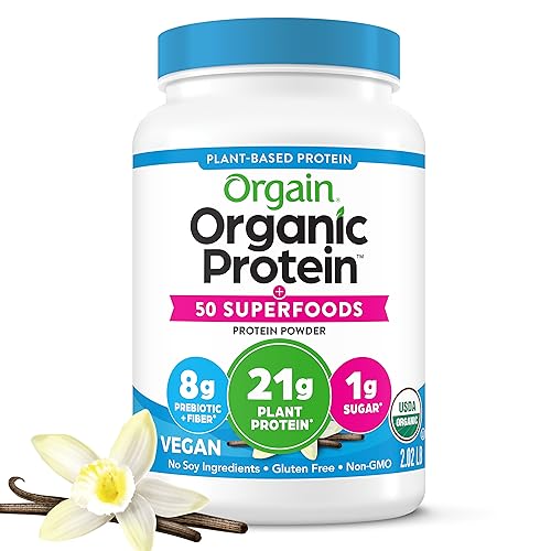 Orgain Organic Vegan Protein + 50 Superfoods Powder, Vanilla Bean - 21g Plant Based Protein, 8g Prebiotic Fiber, No Lactose Ingredients, Gluten Free, No Added Sugar, Non-GMO, 2.02 lb