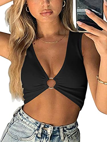 AEVZIV Sexy Crop Tops for Women Sleeveless Deep V Neck Workout Tops Plunge Ring Cleavage Cropped Tank Top Black S