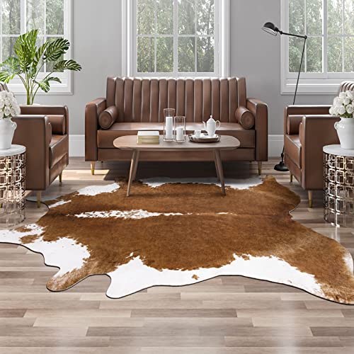 AROGAN Premium Faux Cowhide Rug 4.6 x 5.2 Feet, Sturdy and Large Size Cow Print Rugs, Suitable for Bedroom Living Room Western Decor, Faux Fur Animal Cow Hide Carpet, Brown