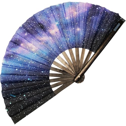 SoJourner Bags Rave Fan - Festival Fan - Large Folding Fan for Raves, Halloween, Burlesque, Rainbow Outfits for Women & Festival Accessories - Clack Fan Hand Fan (Galaxy)