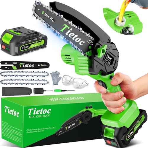 TIETOC Mini Chainsaw Cordless 6 Inch [Gardener Friendly] Super Handheld Rechargeable Chain Saw With Security Lock & Auto Oiler-System, Small Electric Chainsaws Battery Powered For Wood/Trees Cutting