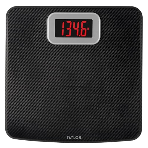 Taylor Digital Scales for Body Weight, High 440 LB Capacity, Carbon Fiber with Anti-slip finish, Readout with Red Digits, Auto On and Off Scale, 11.8 x 11.8 Inches, Black