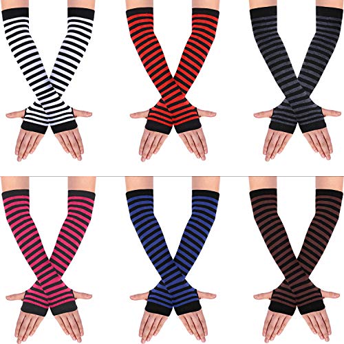 SATINIOR 6 Pairs Long Fingerless Gloves for Women Knit Thigh High Striped Arm Warmer Punk Gothic Rock Thumb Hole Stretchy Gloves Gothic Clothes (Diversified Color)