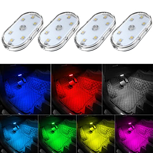 4Pcs Car LED Lights Interior Wireless, 7 Colors Interior Car Lights with 6 Bright LED Lamp Beads, Portable USB Rechargeable Car Interior Led Night Light for Car Decor