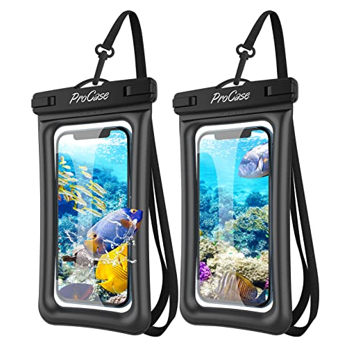 ProCase Floating Waterproof Phone Pouch Up to 7.0', Underwater Case Dry Bag Floatable Cell Phone Pouch for iPhone 15 14 13 Pro Max, Galaxy S24 S23 S22 Ultra, Cruise Beach Essential -2 Pack, Black