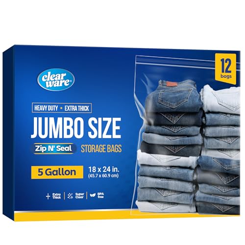 12 Large Plastic Bags With Zipper Top - 5 Gallon Bags 18' x 24', Extra Large Storage Bags for Clothes, Travel, Moving, Large Reusable freezer bags, BPA-Free, 2-mil Thick Clear Plastic Bags