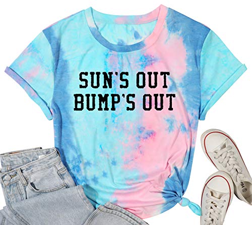 Sun's Out Bumps Out Shirt Women Maternity Pregnancy Funny Saying T-Shirt Summer Short Sleeve Casual Tops Tees (S, Tie Dye)