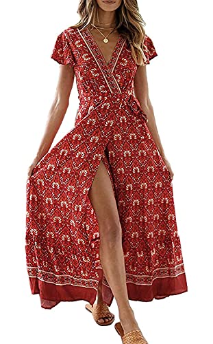ZESICA Women's 2024 Bohemian Floral Printed Wrap V Neck Short Sleeve Split Beach Party Maxi Dress,Lychee Red,Small