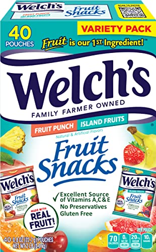 Welch's Fruit Snacks, Fruit Punch & Island Fruits Variety Pack, Perfect Easter Basket Stuffers, Gluten Free, Bulk Pack, 0.8 oz Individual Single Serve Bags (Pack of 40)