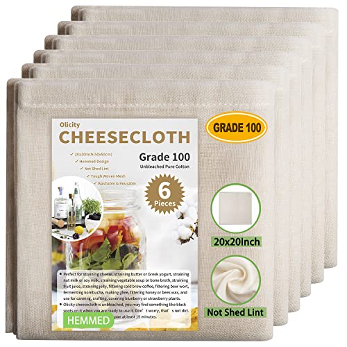 Olicity Cheese Cloths, Grade 100, 20x20Inch Hemmed Cheese Cloth Fabric Reusable Fine Mesh Cloth Strainer Filter, Unbleached Precut Muslin Cheesecloth for Straining, Cooking, Yogurt, Juicing - 6 PCS
