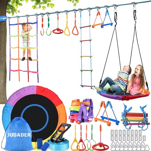 Jugader 50FT Ninja Warrior Obstacle Course for Kids with Saucer Swing, Colorful Net, Climbing Ladder, Ninja Wheel, Monkey Bars, Gym Rings