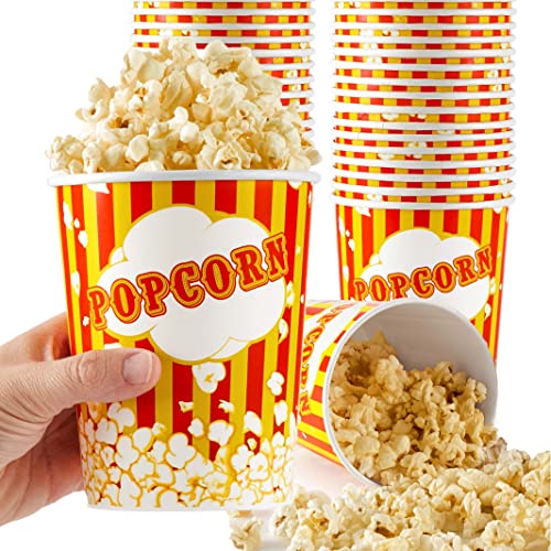 32 Oz Popcorn Buckets, Disposable Popcorn Containers (50 Count), Large Cups, Cardboard Bucket for Family Movie Night, Popcorn Tub, Vintage Bowls for Concession Stand, Carnival Supplies