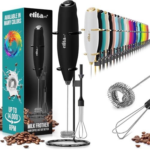 ELITAPRO ULTRA-HIGH SPEED Milk Frother - Double Whisk Handheld Foam Maker - 2-in-1 Drink Mixer - Detachable Egg Beater - Frother Wand for Matcha, Coffee, Latte, Cappuccino, Hot Chocolate (Black)