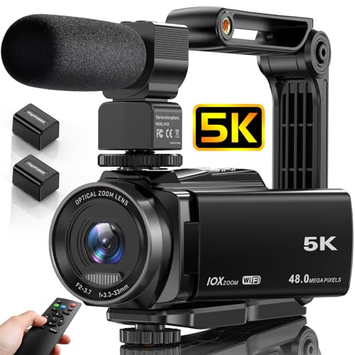5K Video Camera Camcorder, 10X Optical Zoom 48MP UHD 30FPS Vlogging Camera for YouTube, Photography Recorder Camera with 270° 3' Rotation Screen, Microphone, Stabilizer, Remote Control, 2 Batteries