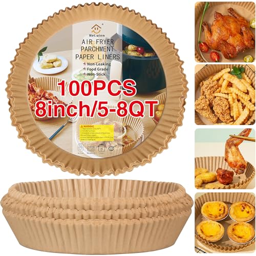 Air Fryer Paper Liners, 100PCS Non-stick Oil Resistant Air Fryer Parchment Paper Liners, 8 Inch Air Fryer Liners Disposable, Round Airfryer Liners for 5-8QT Air fryer, Baking, Roasting Microwave