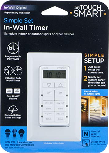 myTouchSmart In-Wall Digital Timer, 4 Programmable On/Off Buttons, 2 Easy On/Off Buttons, 24 Hour Daily Cycles, Blue LED Indicators, with Battery Backup, for Indoor/Outdoor Lights, Fans, 26893