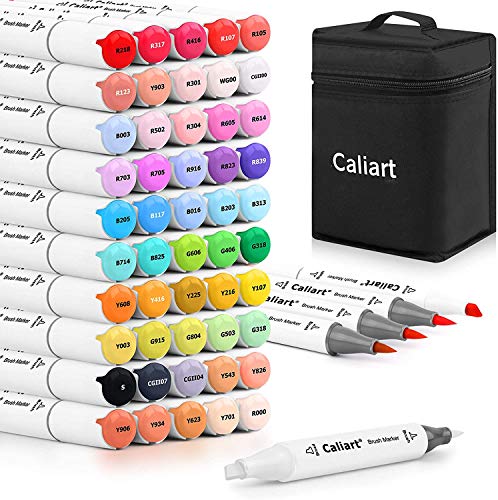 Caliart Alcohol Brush Markers, 51 Colors Dual Tip Artist Brush & Chisel Tip Sketch Art Markers, Aesthetic Cute Preppy Stuff School Supplies, Pens for Lettering Cards Drawing Mothers Day Gift for Mom