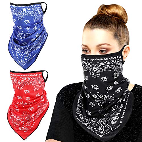 MoKo Scarf Mask Bandana with Ear Loops 3 Pack, Neck Gaiter Balaclava UV Sun Protection Face Mask for Dust Wind Outdoors Motorcycle Cycle Bandana Headband for Women Men - Red/Blue/Black