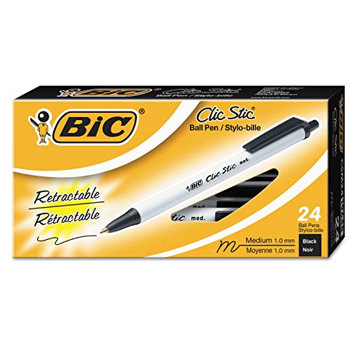 BIC Clic Stic Black Retractable Ballpoint Pens, Medium Point (1.0mm), 24-Count Pack, Round Barrel Design for Comfortable Writing