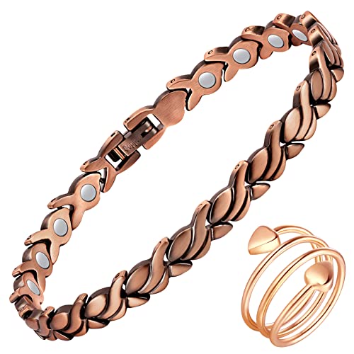 Feraco Copper Bracelet for Women 99.99% Solid Copper Magnetic Bracelets, Unique X Shape Links, Magnetic Field Therapy Jewelry Gifts (Fishtail + Ring)