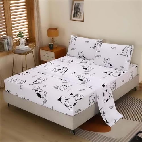 SDY 4PCS Cats Bedding Sheets Queen Size White with Cartoon Cat Print Sheet Set Included1 Deep Pocket Fitted Sheet & 1 Top Flat Sheet & 2 Pillowcases for Kids Girls Boys(Cat,Queen)