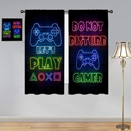 GY Gamepad Gamer Curtains, Energy Efficient Thermal Insulated Blackout Curtain Video Games Controller Neon Sign Design Window Curtain Drape Thermal Insulated Printed Curtain 52x63 Inch