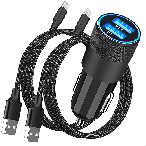 【MFi Certified】iPhone Fast Car Charger, Rombica 4.8A Dual USB Smart Power Cigarette Lighter USB Car Charger + 2Pack Lightning to USB Braided Cable for iPhone 14 13 12 11 Pro/XS Max/Mini/XR/SE/X/8/iPad