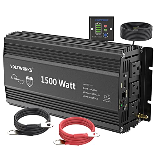Power Inverter 1500Watt Pure Sine Wave Inverter DC 12v to AC 110V-120V with Remote Control and 2.4A USB Ports 3 AC Outlets for Home RV Truck by VOLTWORKS Black
