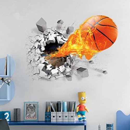 U-Shark 3D Self-Adhesive Removable Break Through The Wall Vinyl Wall Stickers/Murals Art Decals Decorator (Flying Fire Basketball (19.7' X 27.6'))