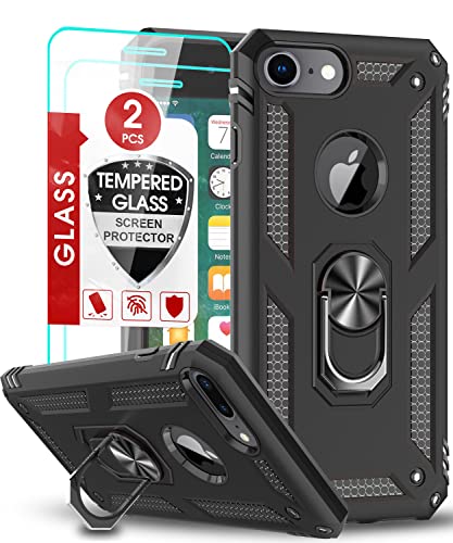 LeYi iPhone 8/7/6s/6 Case with [2-Pack] Tempered Glass, Military-Grade, Kickstand Ring - Black