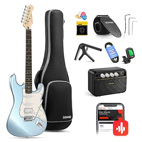 Donner DST-152R Electric Guitar, 39' Beginner Electric Guitar Kit, HSS Pickup with Coil Split, Guitar Starter Set with Amp, Bag, All Accessories, Metallic Ice Blue