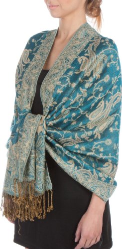 Sakkas Soft Silky Double Layer Jacquard Paisley Pashmina Shawl/Wrap/Scarf - Teal/Gold