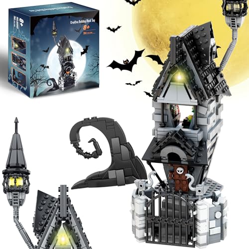 Haunted Village House Building Blocks Set, Halloween Christmas Haunted Building Kit with Led Light, 2 Minifigures, Creative Festival Toy Kit Gifts for Kids or Movie Fans (766pcs)