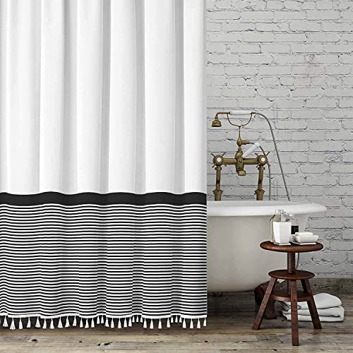 Seasonwood Black and White Shower Curtain Striped with Tassels for Bathroom Decor,Heavy Weighted 72-Inch, 72 x 72