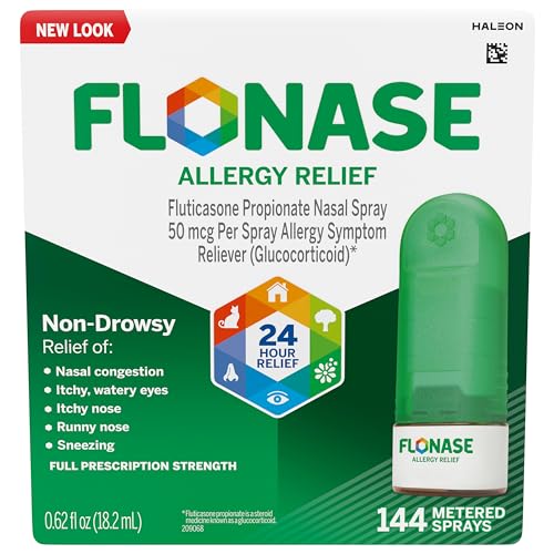 Flonase Allergy Relief Nasal Spray, 24 Hour Non Drowsy Allergy Medicine, Metered Nasal Spray - 144 Sprays- Fall and Seasonal Allergy Relief