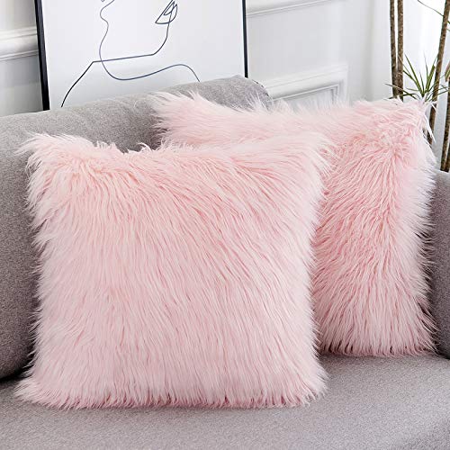 WLNUI Set of 2 Pink Fluffy Pillow Covers New Luxury Series Merino Style Blush Faux Fur Decorative Throw Pillow Covers Square Fuzzy Cushion Case 20x20 Inch