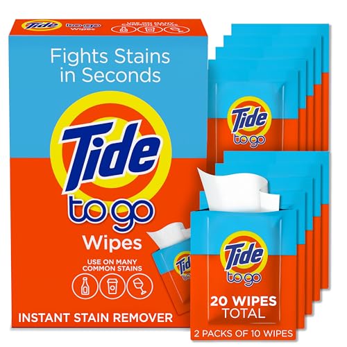 Tide Stain Remover for Clothes, Tide To Go Wipes, Instant Stain Remover for Clothes, Travel & Pocket Size, 10 Count (Pack of 2)