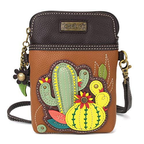CHALA Cell Phone Crossbody Purse-Women PU Leather/Canvas Multicolor Handbag with Adjustable Strap - Cactus - brown