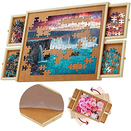 1000 Piece Wooden Jigsaw Puzzle Board - 4 Drawers, Rotating Puzzle Table | 30” X 22” Jigsaw Puzzle Table | Puzzle Cover Included - Portable Puzzle Tables for Adults and Kids by Beyond Innoventions