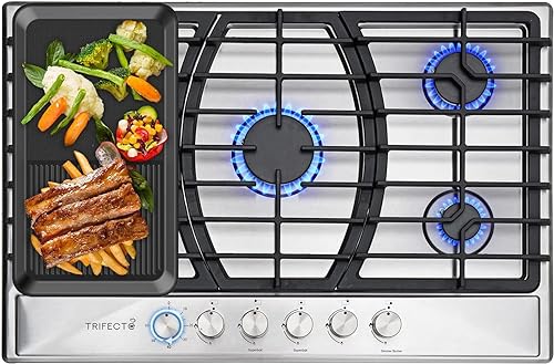 Trifecte 30 Inch Stainless Steel Gas Cooktop with Timer Dual Fuel 5 Italy SABAF Sealed Burners Gas Stove Top NG/LPG Convertible Gas Hob with Thermocouple Protection(Griddle&Gas Regulator Not Included)