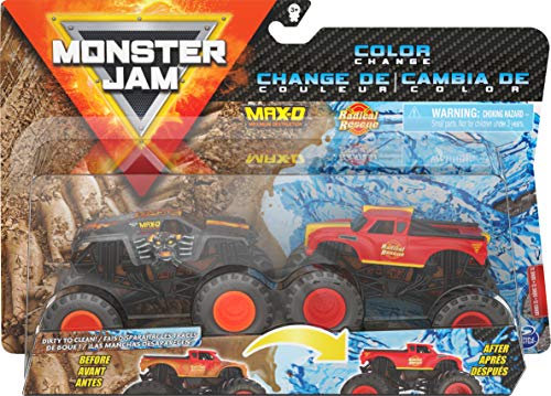 Monster Jam, Official Max-D vs. Radical Rescue Color-Changing Die-Cast Monster Trucks, 1:64 Scale