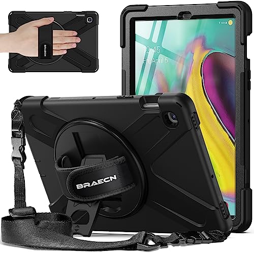 BRAECNstock for Samsung Galaxy Tab S5e Case 10.5 inch 2019 (SM-T720/T725/T727) Shockproof Protective Galaxy S5e Tablet Case for Kids with Screen Protector Pen Holder Rotating Stand+Hand Strap - Black