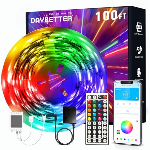 DAYBETTER LED Strip Lights 100ft, Smart Light with App Remote Control, RGB LED Lights for Bedroom, Music Sync Color Changing Lights for Room Home Decor Party Festival(1 Roll)